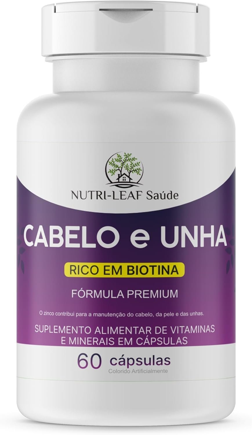 Cabelo e Unha Vitamina para Crescimento Capilar Unhas Fortes e Pele Saudável com Biotina Zinco e 16 Vitaminas Essenciais 60 Cápsulas da NUTRI-LEAF Saú